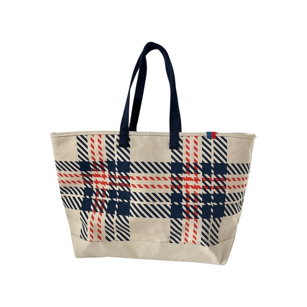 KULE Plaid Canvas Shoulder Tote Natural Navy Red Over Shoulder Carryall Bag - Picture 2 of 7
